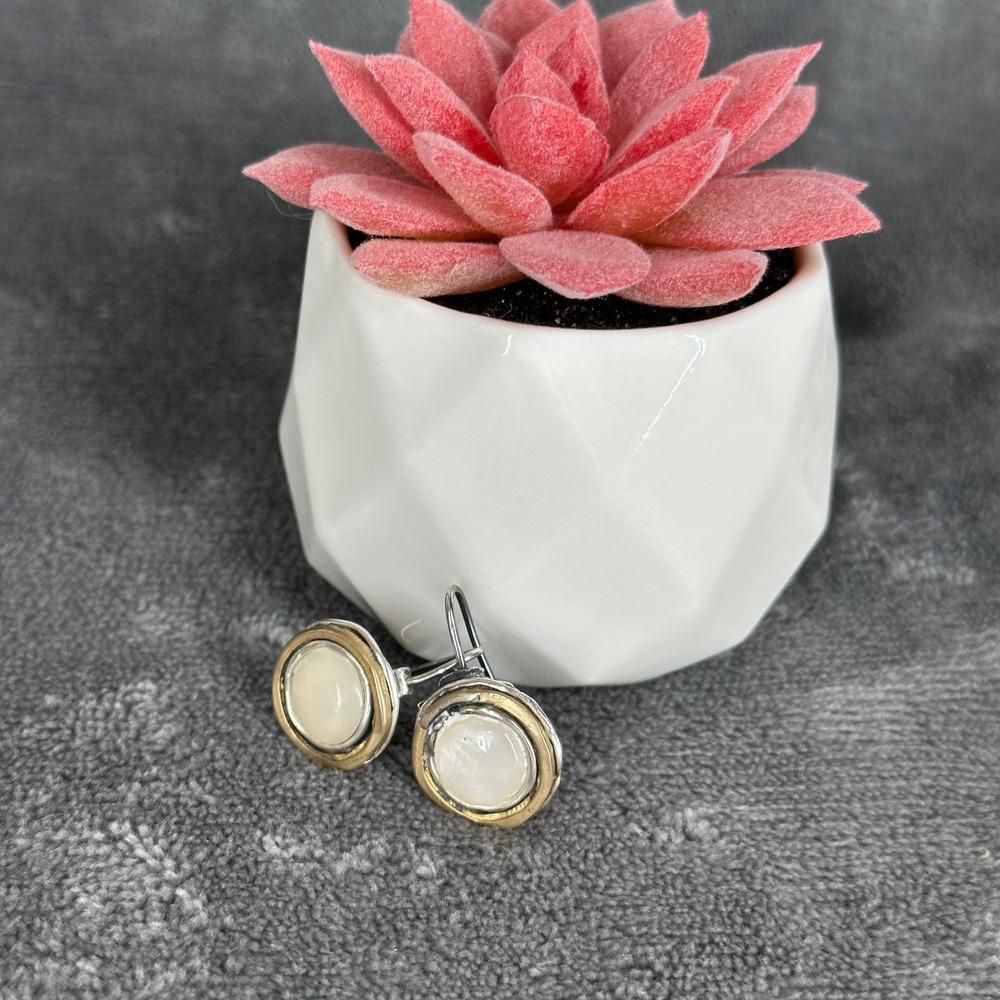 925 Sterling Silver Two Tone Cream Cabochon Dangle Earrings Pierced